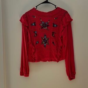 Free People Vibrant Red Embroidered Blouse